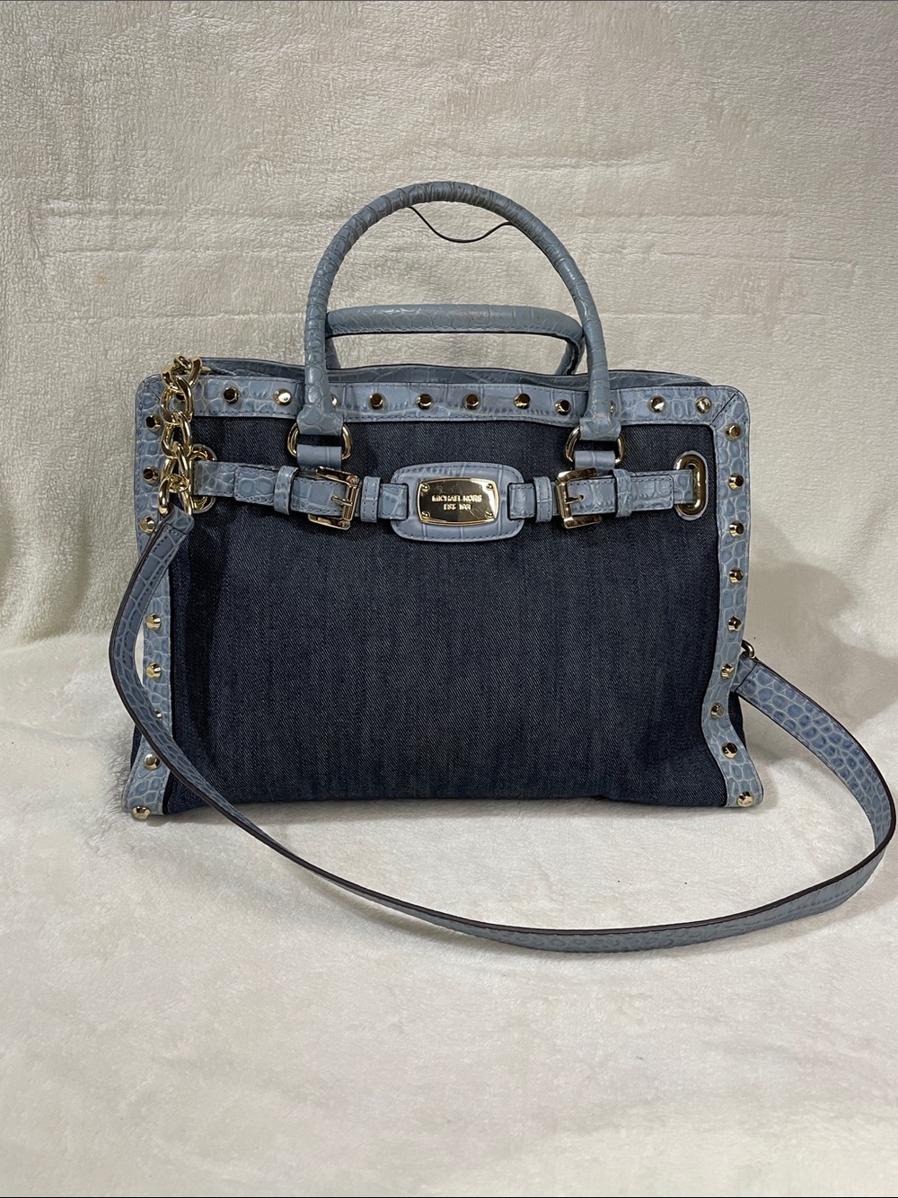 Michael Kors Denim Satchel with Light Blue Leather Trim